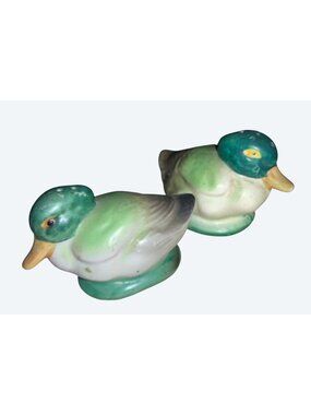 Vintage Ceramic Duck Salt Pepper Shakers Hand Painted Green Yellow Mallard Pair